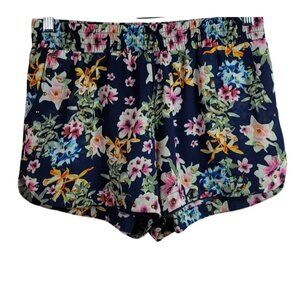 Verty Womens Floral Shorts Blue Large Elastic Waist Pull On Pockets Lined Flowy